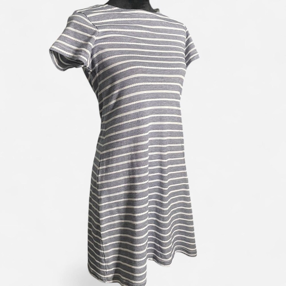 Sail to Sable navy blue and white horizontal striped dress with gold zipper